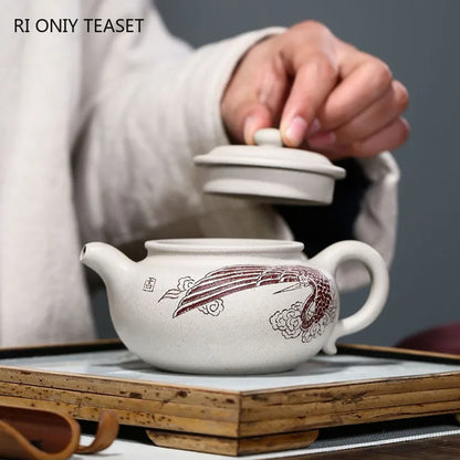 240ml Chinese Yixing High-end Purple Clay Teapots Master Hand-carved White Crane Pattern Tea Pot Kettle Zisha Tea Set Collection