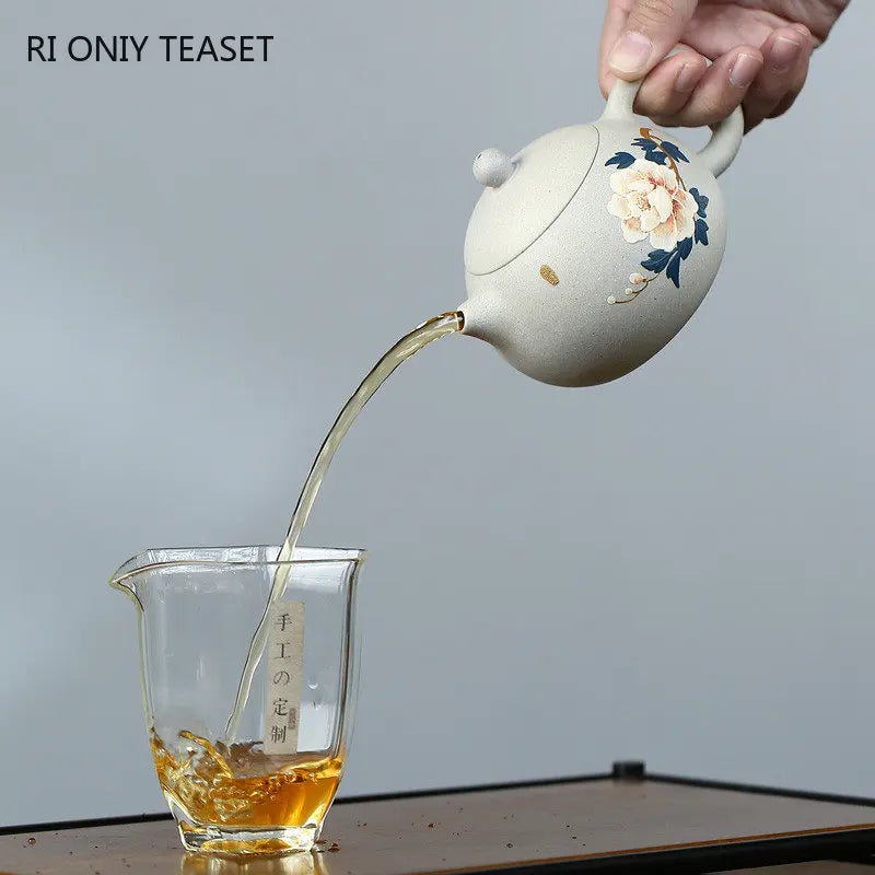 240ml Chinese Yixing High-end Purple Clay Teapots Mud-painted Peony Xishi Tea Pot Beauty Kettle Famous Handmade Zisha Tea Set