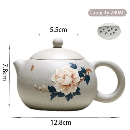 240ml Chinese Yixing High-end Purple Clay Teapots Mud-painted Peony Xishi Tea Pot Beauty Kettle Famous Handmade Zisha Tea Set