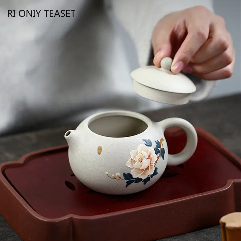 240ml Chinese Yixing High-end Purple Clay Teapots Mud-painted Peony Xishi Tea Pot Beauty Kettle Famous Handmade Zisha Tea Set