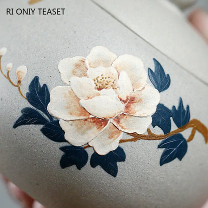 240ml Chinese Yixing High-end Purple Clay Teapots Mud-painted Peony Xishi Tea Pot Beauty Kettle Famous Handmade Zisha Tea Set