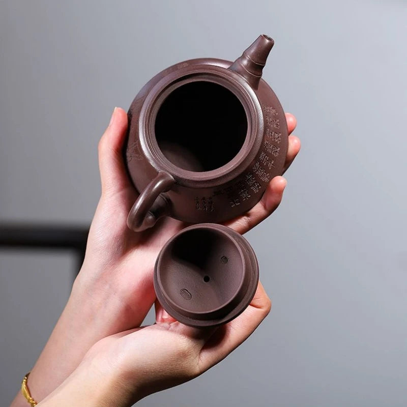 240ml Chinese character carved traditional craft handmade real yixing zisha purple clay tea pot 7 infuser holes original ore new