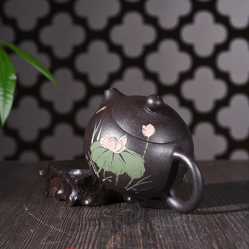 240ml Famous Yixing Purple Sand Tea Pot Genuine Full Of Black Ore Mud Hand Painted Lotus Xishi Teapot Tea Kettle Free Shipping