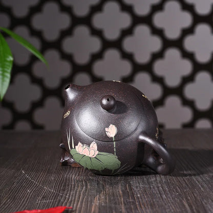 240ml Famous Yixing Purple Sand Tea Pot Genuine Full Of Black Ore Mud Hand Painted Lotus Xishi Teapot Tea Kettle Free Shipping