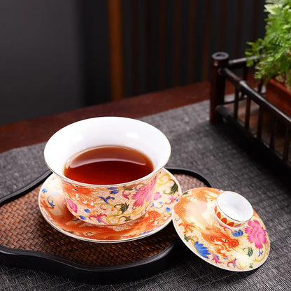 240ml Retro Dragon Phoenix Ceramic Gaiwan Teacup Handmade Tea Tureen Bowl Chinese Porcelain Teaware Drinkware Personal Cup Gift