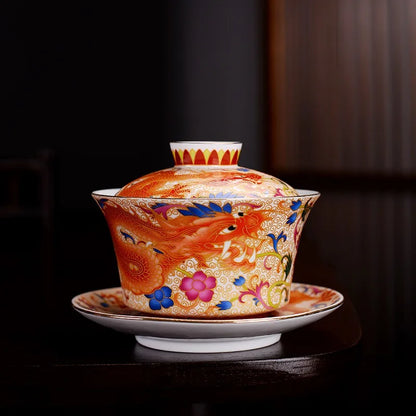 240ml Retro Dragon Phoenix Ceramic Gaiwan Teacup Handmade Tea Tureen Bowl Chinese Porcelain Teaware Drinkware Personal Cup Gift