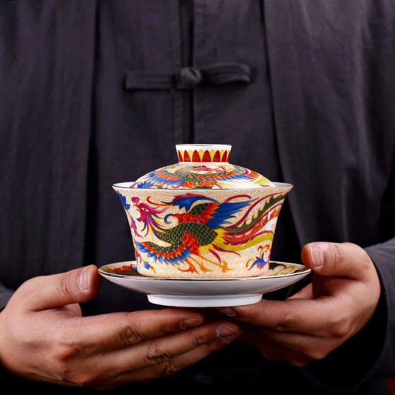 240ml Retro Dragon Phoenix Ceramic Gaiwan Teacup Handmade Tea Tureen Bowl Chinese Porcelain Teaware Drinkware Personal Cup Gift