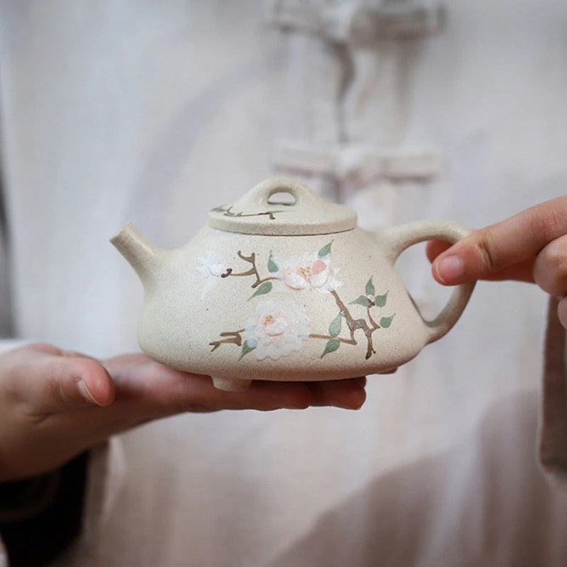 240ml Yixing Authentic Purple Clay Teapot Famous Artists Handmade Peony Stone Scoop Tea Pot Kettle Chinese Zisha Tea Set Teaware