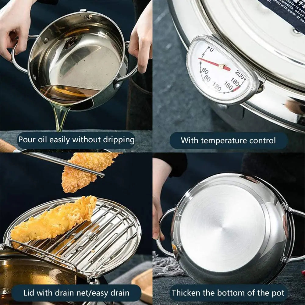 24CM  Japanese Deep Frying Pot Oil Fryer with a Thermometer and a Lid 304 Stainless Steel Kitchen Tempura Fryer Pan