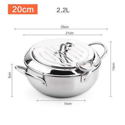 24CM  Japanese Deep Frying Pot Oil Fryer with a Thermometer and a Lid 304 Stainless Steel Kitchen Tempura Fryer Pan