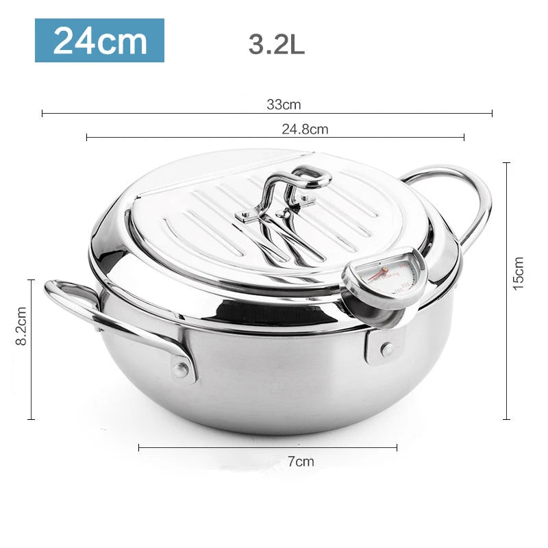 24CM  Japanese Deep Frying Pot Oil Fryer with a Thermometer and a Lid 304 Stainless Steel Kitchen Tempura Fryer Pan