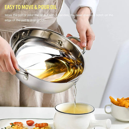 24CM  Japanese Deep Frying Pot Oil Fryer with a Thermometer and a Lid 304 Stainless Steel Kitchen Tempura Fryer Pan