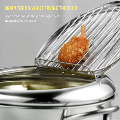 24CM  Japanese Deep Frying Pot Oil Fryer with a Thermometer and a Lid 304 Stainless Steel Kitchen Tempura Fryer Pan