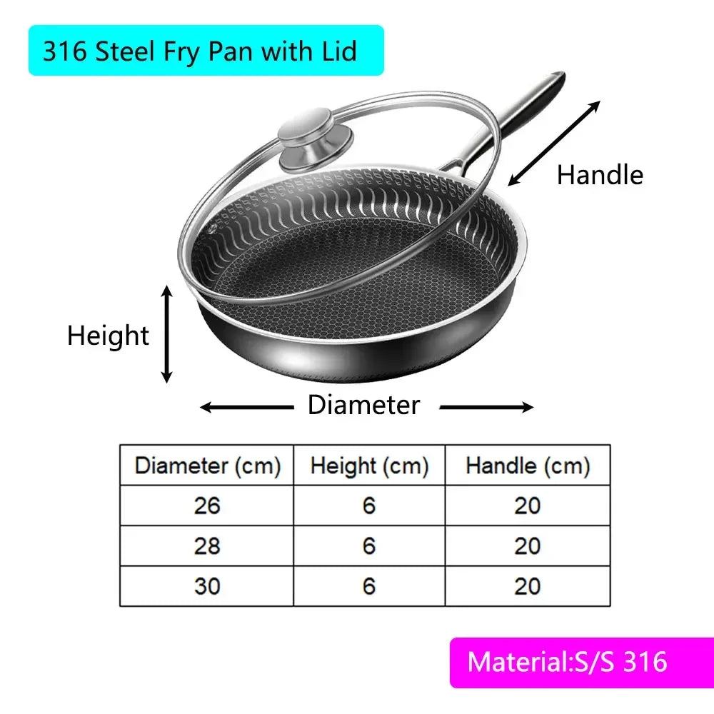 24CM Pan with Lid 316 Stainless Steel Frying Pans Non-stick Uncoated Wok Pan Double-sided Honeycomb Skillet