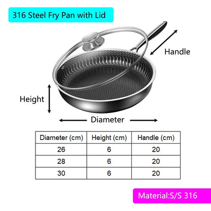 24CM Pan with Lid 316 Stainless Steel Frying Pans Non-stick Uncoated Wok Pan Double-sided Honeycomb Skillet