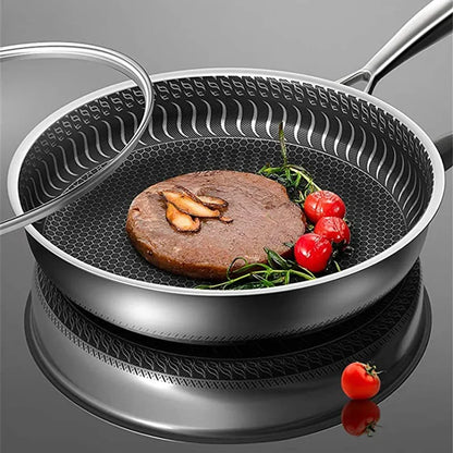 24CM Pan with Lid 316 Stainless Steel Frying Pans Non-stick Uncoated Wok Pan Double-sided Honeycomb Skillet