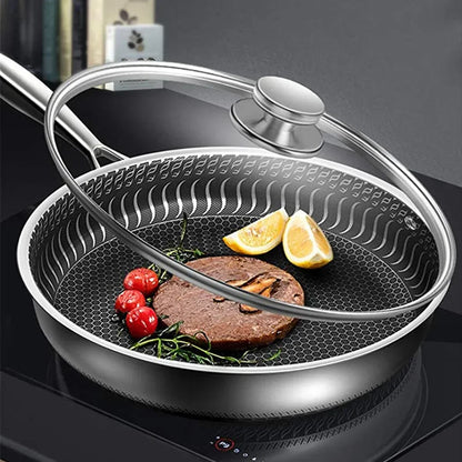 24CM Pan with Lid 316 Stainless Steel Frying Pans Non-stick Uncoated Wok Pan Double-sided Honeycomb Skillet