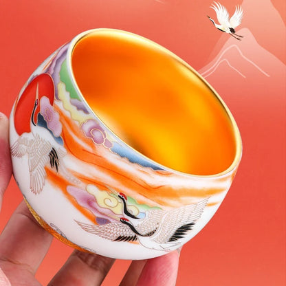 24K Gilt Master Hand-built Lamp Cup Sending Cranes to the Elders to Extend the Year High-end Gift Hand-painted Host Mug Teacup