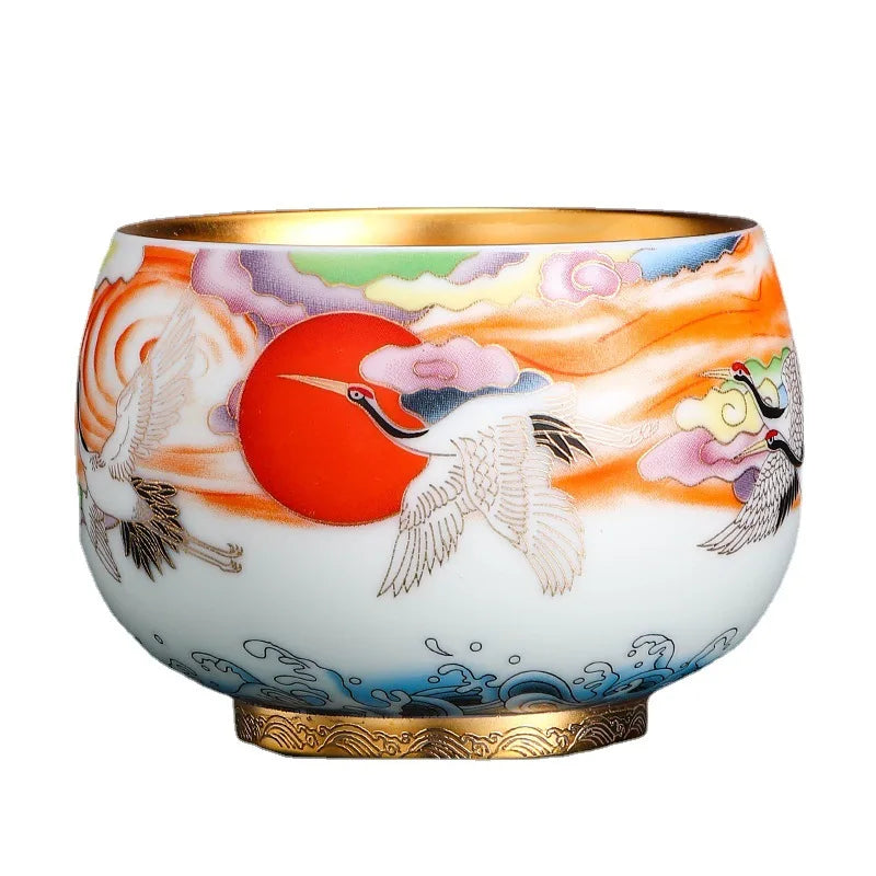 24K Gilt Master Hand-built Lamp Cup Sending Cranes to the Elders to Extend the Year High-end Gift Hand-painted Host Mug Teacup