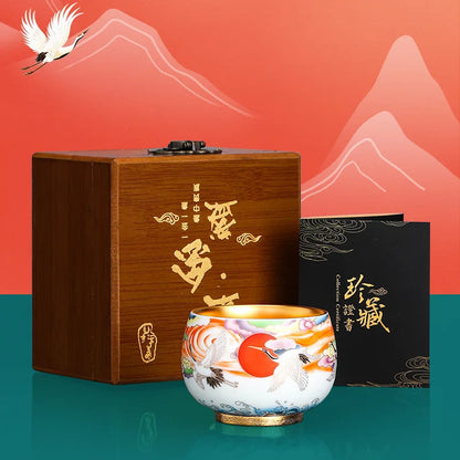24K Gilt Master Hand-built Lamp Cup Sending Cranes to the Elders to Extend the Year High-end Gift Hand-painted Host Mug Teacup