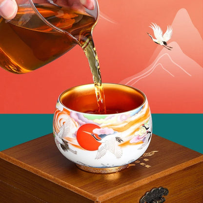 24K Gilt Master Hand-built Lamp Cup Sending Cranes to the Elders to Extend the Year High-end Gift Hand-painted Host Mug Teacup