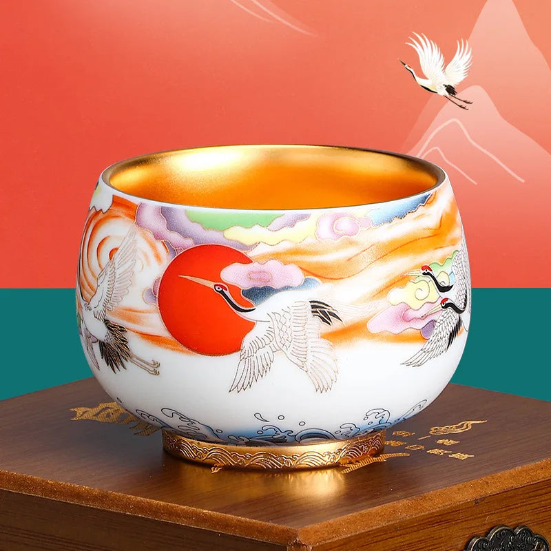 24K Gilt Master Hand-built Lamp Cup Sending Cranes to the Elders to Extend the Year High-end Gift Hand-painted Host Mug Teacup