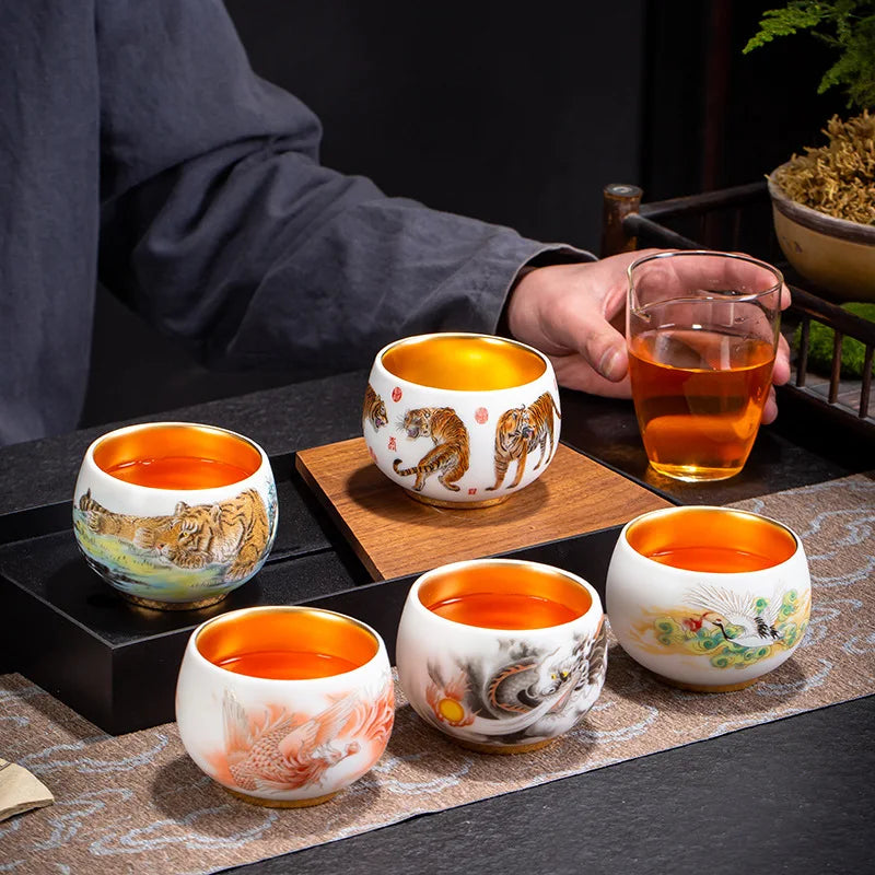 24K Gilt Suet Jade Porcelain Cup Jianzhan Tea Calendula Tiger Master Gift Box Personal Ceramic Cups Teaware Kitchen Dining Bar