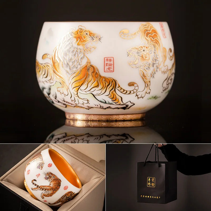 24K Gilt Suet Jade Porcelain Cup Jianzhan Tea Calendula Tiger Master Gift Box Personal Ceramic Cups Teaware Kitchen Dining Bar