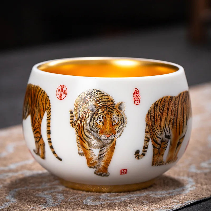 24K Gilt Suet Jade Porcelain Cup Jianzhan Tea Calendula Tiger Master Gift Box Personal Ceramic Cups Teaware Kitchen Dining Bar