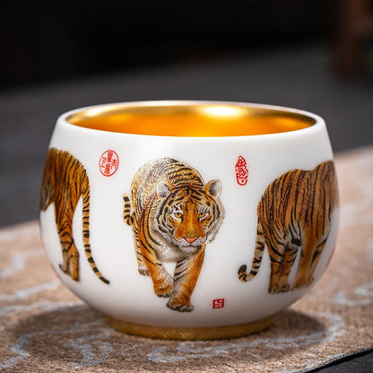 24K Gilt Suet Jade Porcelain Cup Jianzhan Tea Calendula Tiger Master Gift Box Personal Ceramic Cups Teaware Kitchen Dining Bar