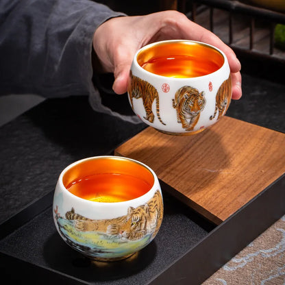 24K Gilt Suet Jade Porcelain Cup Jianzhan Tea Calendula Tiger Master Gift Box Personal Ceramic Cups Teaware Kitchen Dining Bar