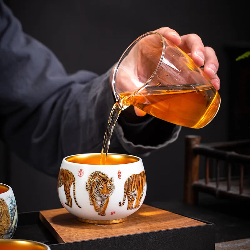 24K Gilt Suet Jade Porcelain Cup Jianzhan Tea Calendula Tiger Master Gift Box Personal Ceramic Cups Teaware Kitchen Dining Bar