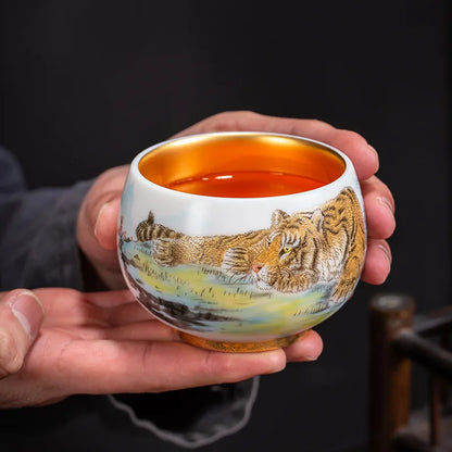 24K Gilt Suet Jade Porcelain Cup Jianzhan Tea Calendula Tiger Master Gift Box Personal Ceramic Cups Teaware Kitchen Dining Bar