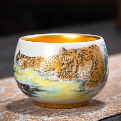 24K Gilt Suet Jade Porcelain Cup Jianzhan Tea Calendula Tiger Master Gift Box Personal Ceramic Cups Teaware Kitchen Dining Bar