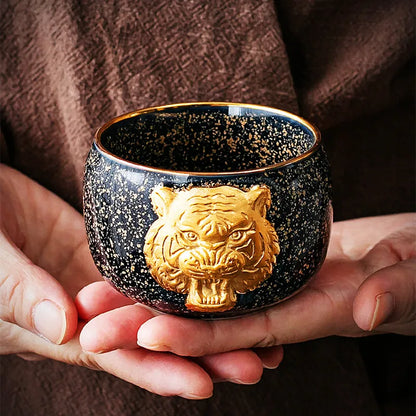 24K Gold Royal Tiger's Eye Glaze Jianzhan Teacup with Gold Embossed Individual Cup Master's Cup Tiger Year Zodiac Large SinglCup