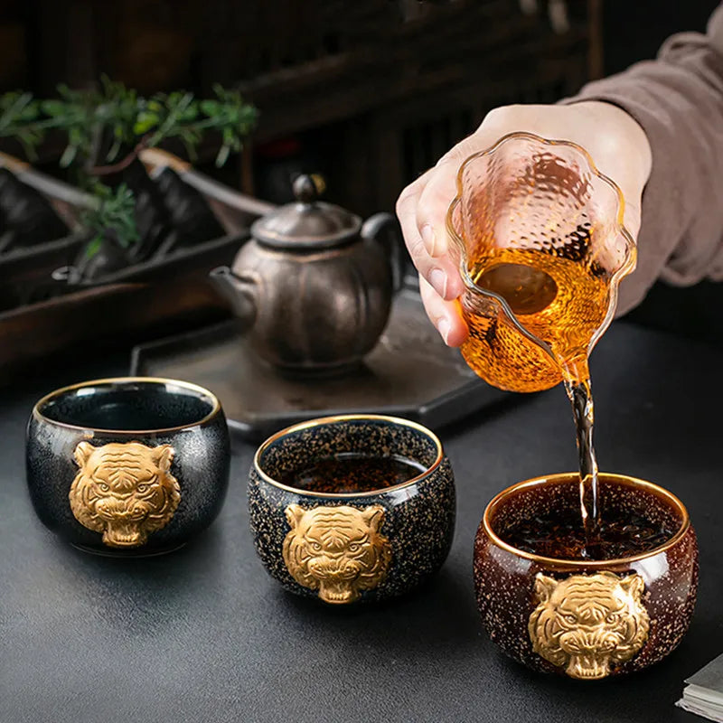 24K Gold Royal Tiger's Eye Glaze Jianzhan Teacup with Gold Embossed Individual Cup Master's Cup Tiger Year Zodiac Large SinglCup