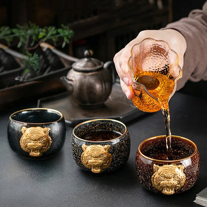 24K Gold Royal Tiger's Eye Glaze Jianzhan Teacup with Gold Embossed Individual Cup Master's Cup Tiger Year Zodiac Large SinglCup