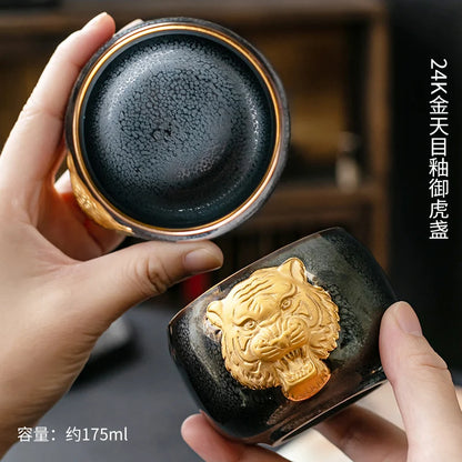 24K Gold Royal Tiger's Eye Glaze Jianzhan Teacup with Gold Embossed Individual Cup Master's Cup Tiger Year Zodiac Large SinglCup
