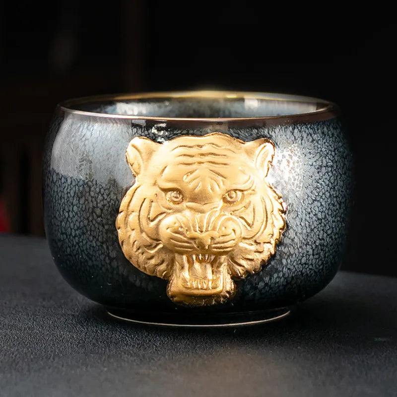 24K Gold Royal Tiger's Eye Glaze Jianzhan Teacup with Gold Embossed Individual Cup Master's Cup Tiger Year Zodiac Large SinglCup