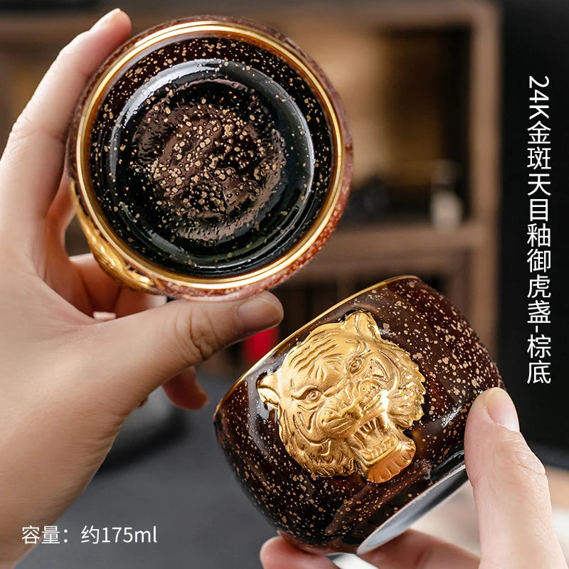 24K Gold Royal Tiger's Eye Glaze Jianzhan Teacup with Gold Embossed Individual Cup Master's Cup Tiger Year Zodiac Large SinglCup