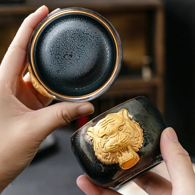 24K Gold Royal Tiger's Eye Glaze Jianzhan Teacup with Gold Embossed Individual Cup Master's Cup Tiger Year Zodiac Large SinglCup