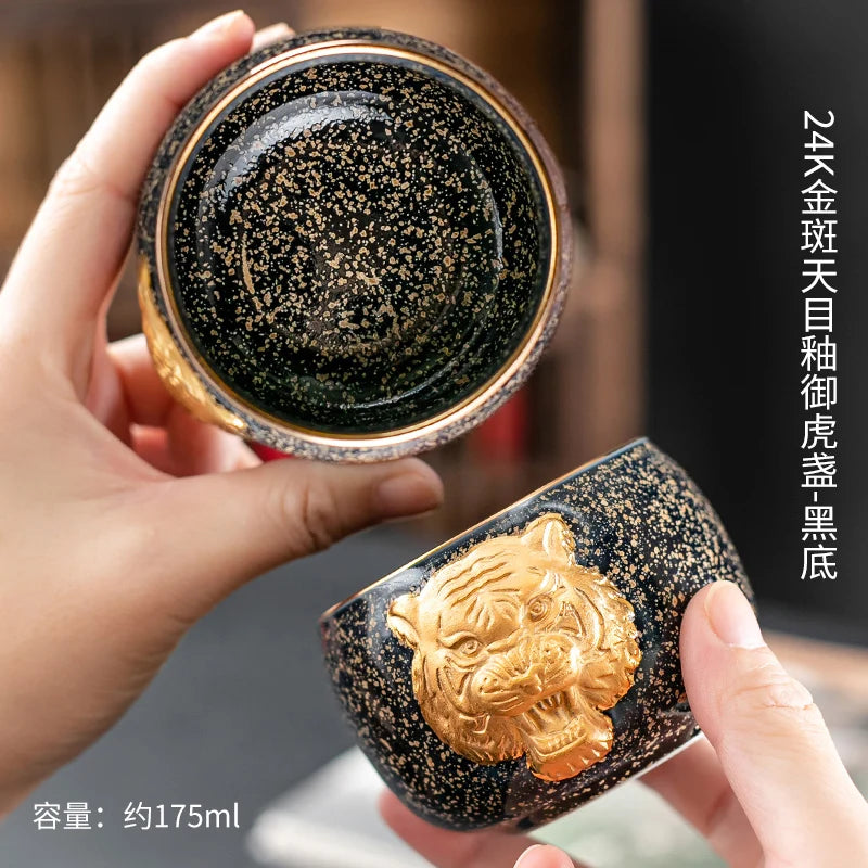 24K Gold Royal Tiger's Eye Glaze Jianzhan Teacup with Gold Embossed Individual Cup Master's Cup Tiger Year Zodiac Large SinglCup