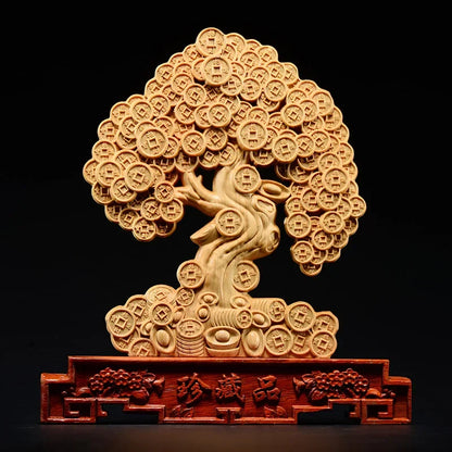 24cm Thuja Wood Statue Feng Shui Money Tree Lucky Decoration Mascot Home Desk Decor  Sculptures