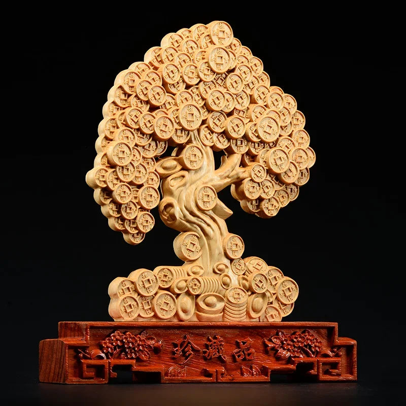 24cm Thuja Wood Statue Feng Shui Money Tree Lucky Decoration Mascot Home Desk Decor  Sculptures