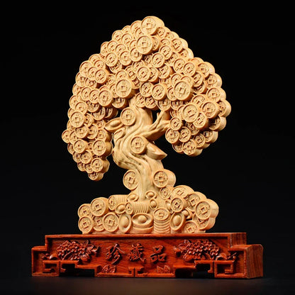 24cm Thuja Wood Statue Feng Shui Money Tree Lucky Decoration Mascot Home Desk Decor  Sculptures