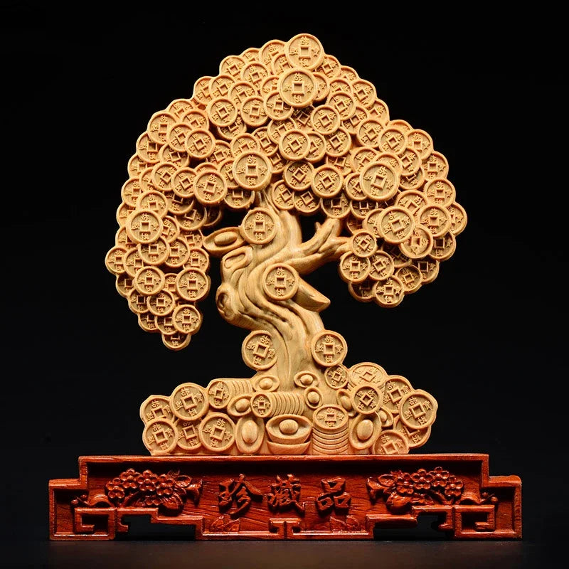 24cm Thuja Wood Statue Feng Shui Money Tree Lucky Decoration Mascot Home Desk Decor  Sculptures