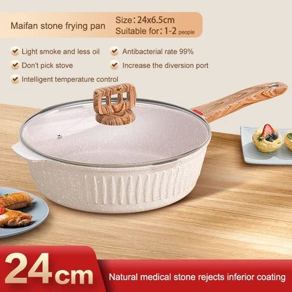 24cm With Lid Medical Stone Pan White Nonstick Quality Wok Suitable For 1-2 People Kitchen Breakfast Making Cookware