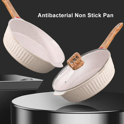 24cm With Lid Medical Stone Pan White Nonstick Quality Wok Suitable For 1-2 People Kitchen Breakfast Making Cookware