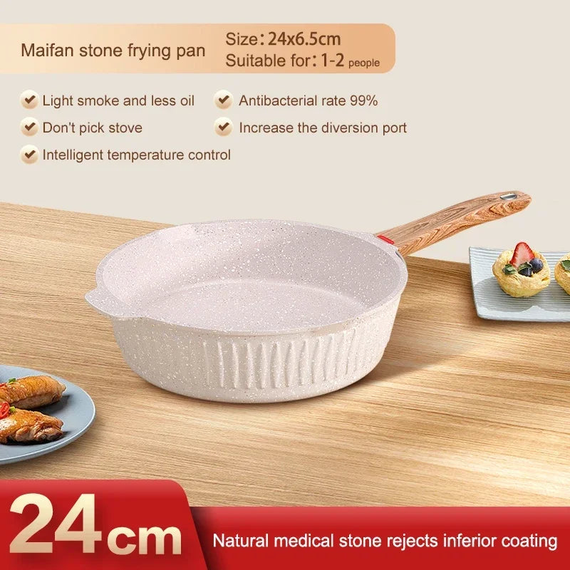 24cm With Lid Medical Stone Pan White Nonstick Quality Wok Suitable For 1-2 People Kitchen Breakfast Making Cookware