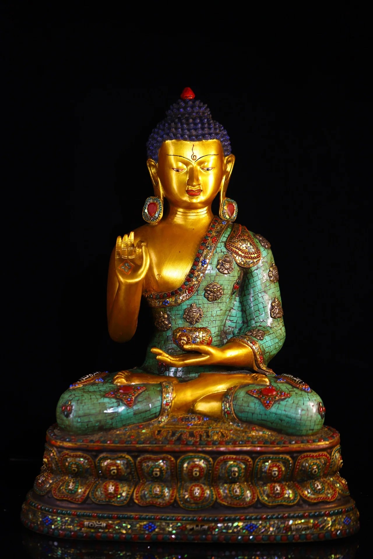 25"Tibet Temple Collection Old Bronze Outline in gold Mosaic Gem Turquoise gZi Beads Shell Shakyamuni Lotus Platform Buddha